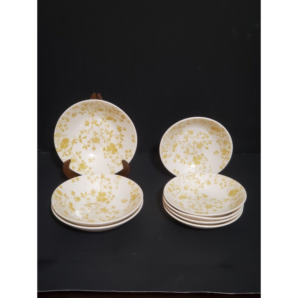 Sheffield Golden Meadow Ironstone Dessert Cereal Bowls Floral Yellow 8pc Set Vtg